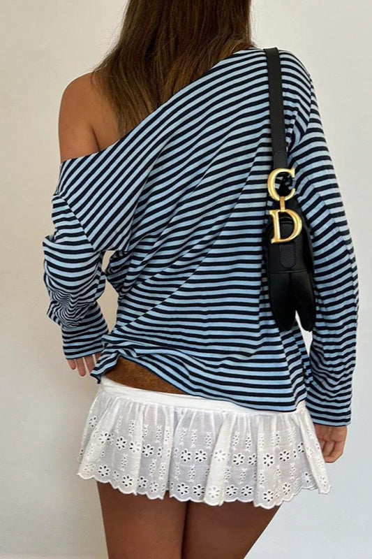 Color Block Striped V Neck Loose Knit Long Sleeve Blouse