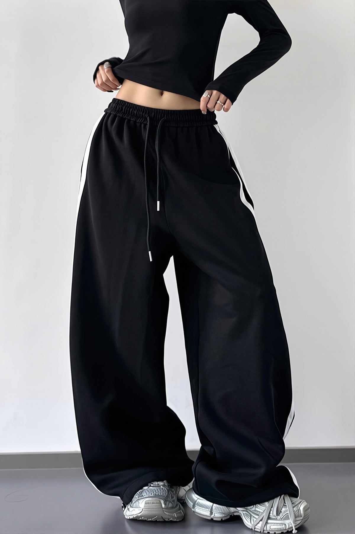 Side Stripe Drawstring Wide Leg Pants