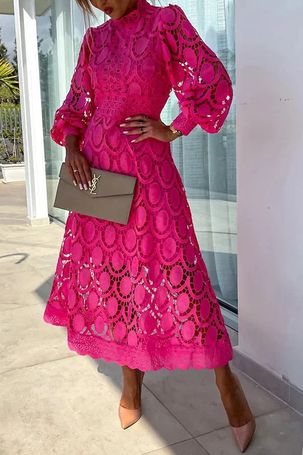 Francisca Crochet Lace Lantern Sleeve Midi Dress - View 6