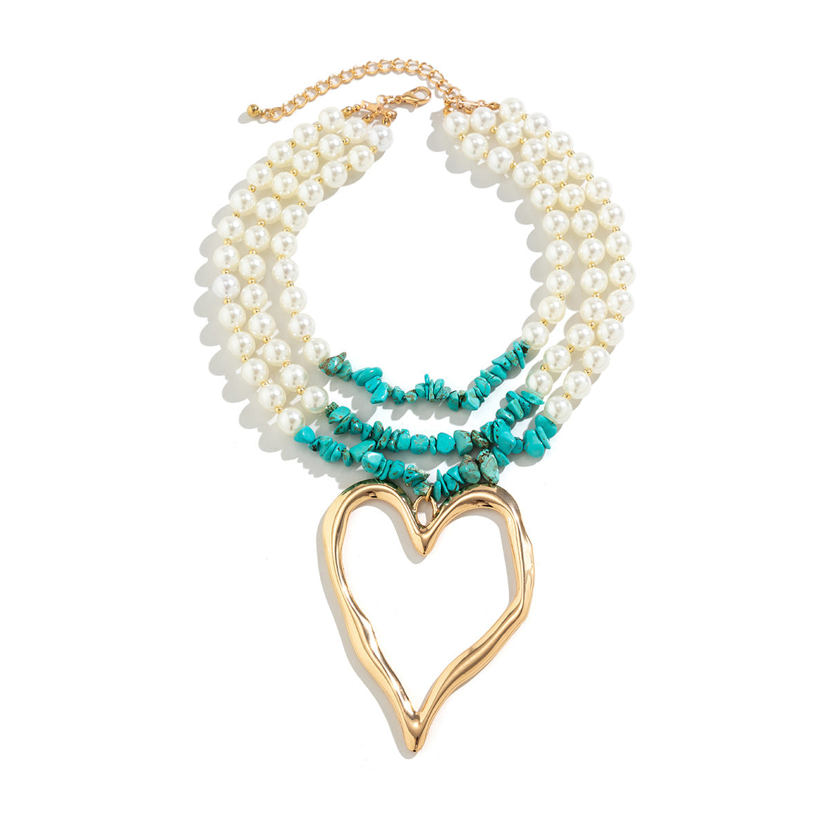 Retro Three-layer Big Heart Turquoise Necklace