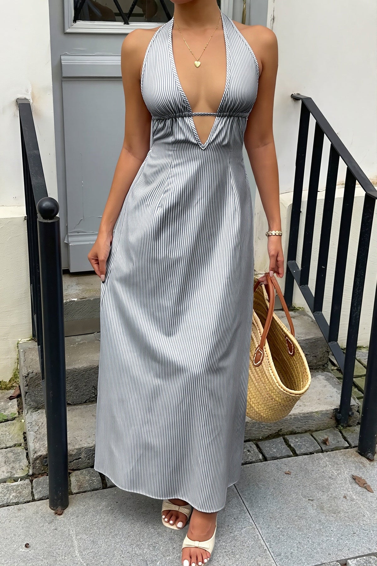 Pinstripe Satin Plunge Halter Neck Maxi Dress