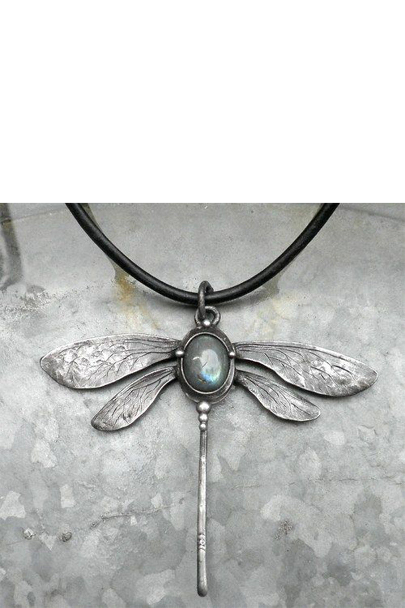 Vintage Dragonfly Moonstone Pendant Leather Strap Necklace - Fashionpara