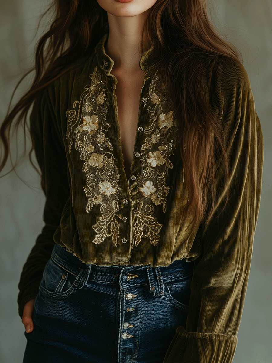 Olive Green Velvet Floral Embroidered Blouse - Fashionpara