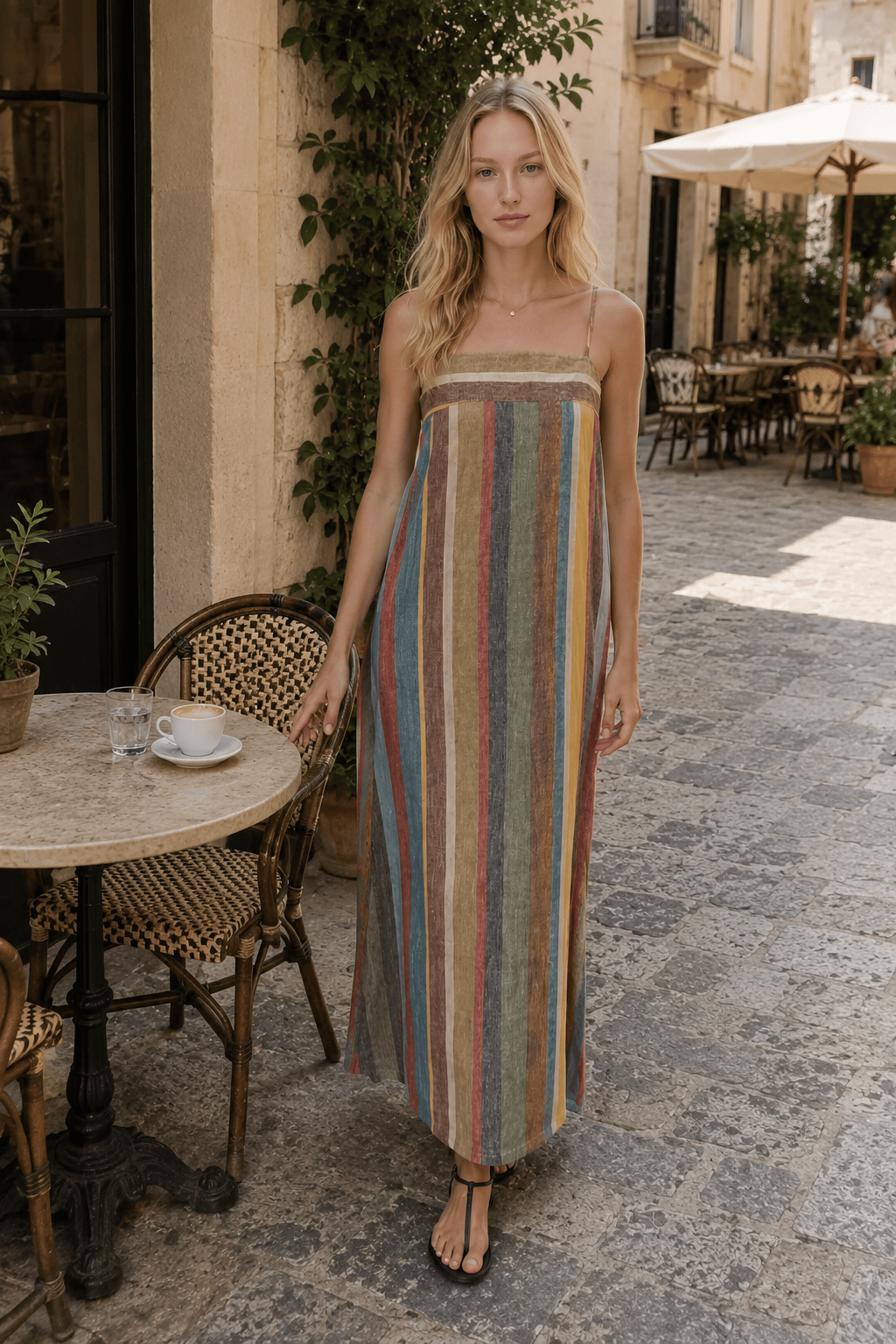 Striped Square Neck Strappy A-Line Maxi Dress 4