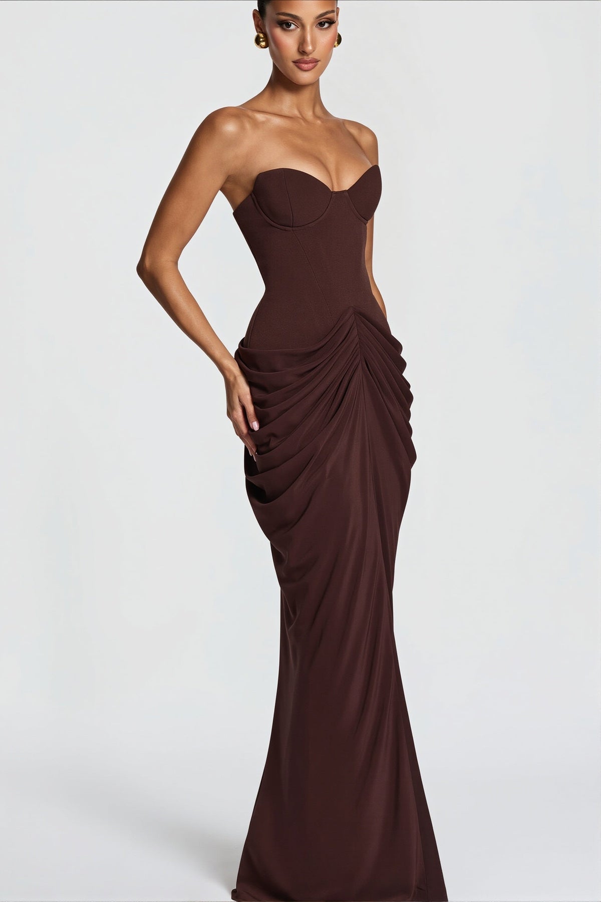 Strapless Sweetheart Corset Draped Mermaid Gown 5