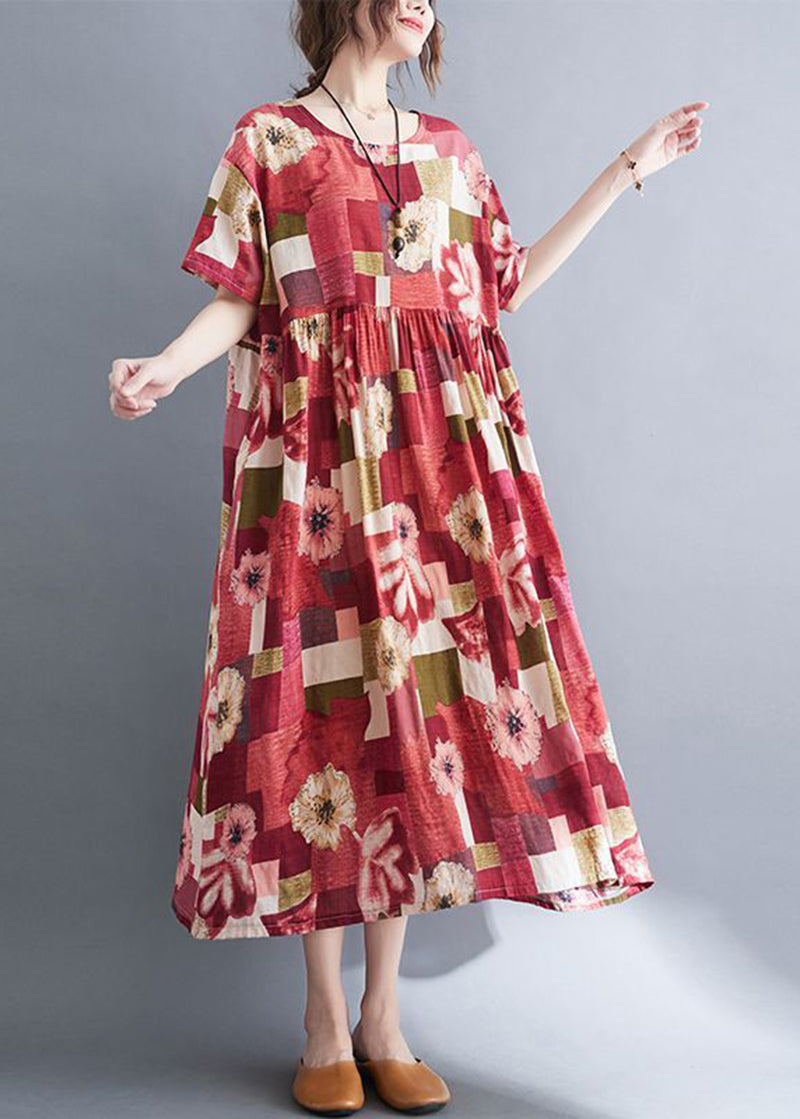 Patchwork Floral Print Round Neck Short Sleeve Empire Waist Midi Dress