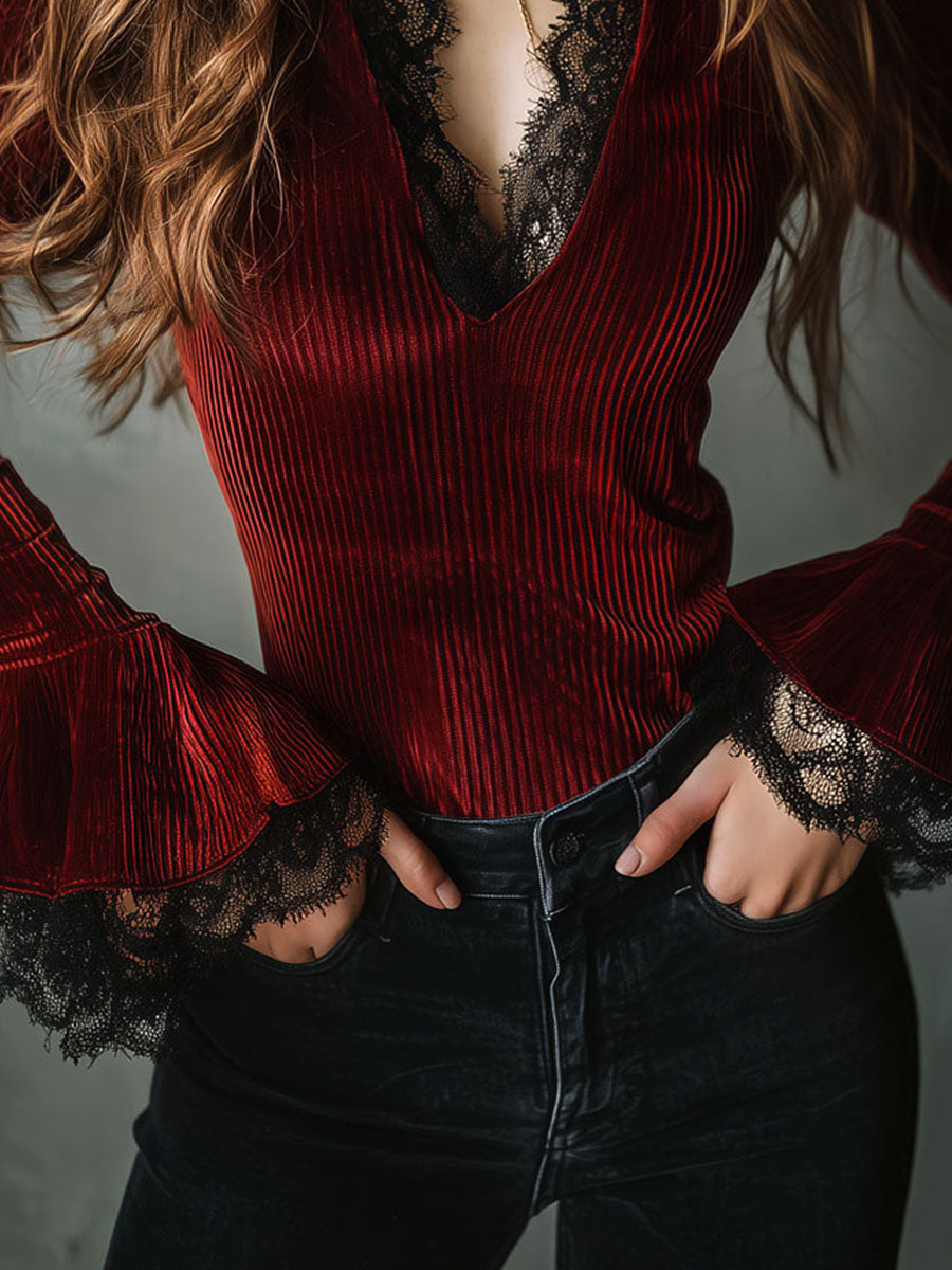 Romantic Burgundy Pleated Velvet Blouse With Black Lace Trim