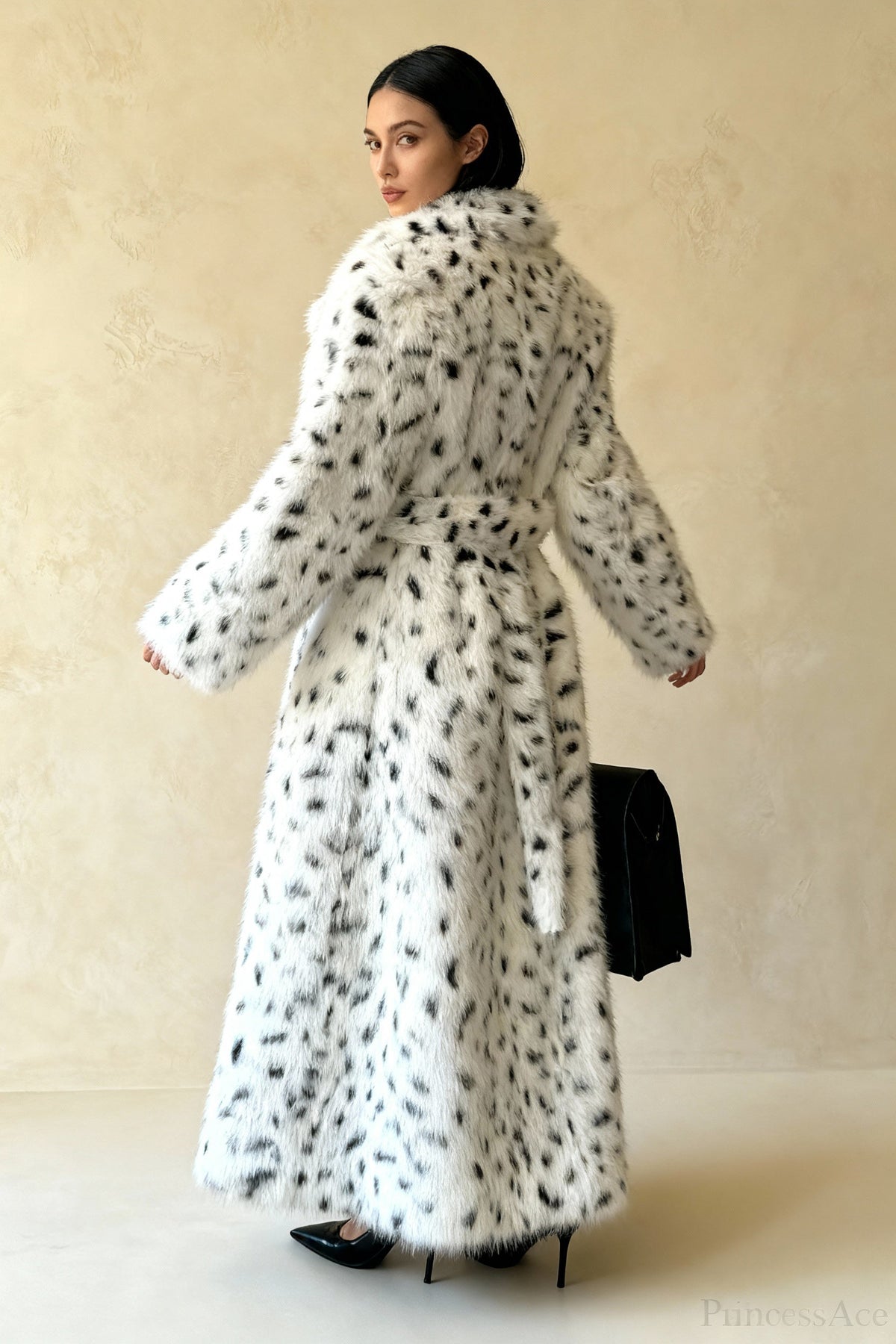 leopard print Warm Faux Fox Fur Notched Collar Loose Overcoat