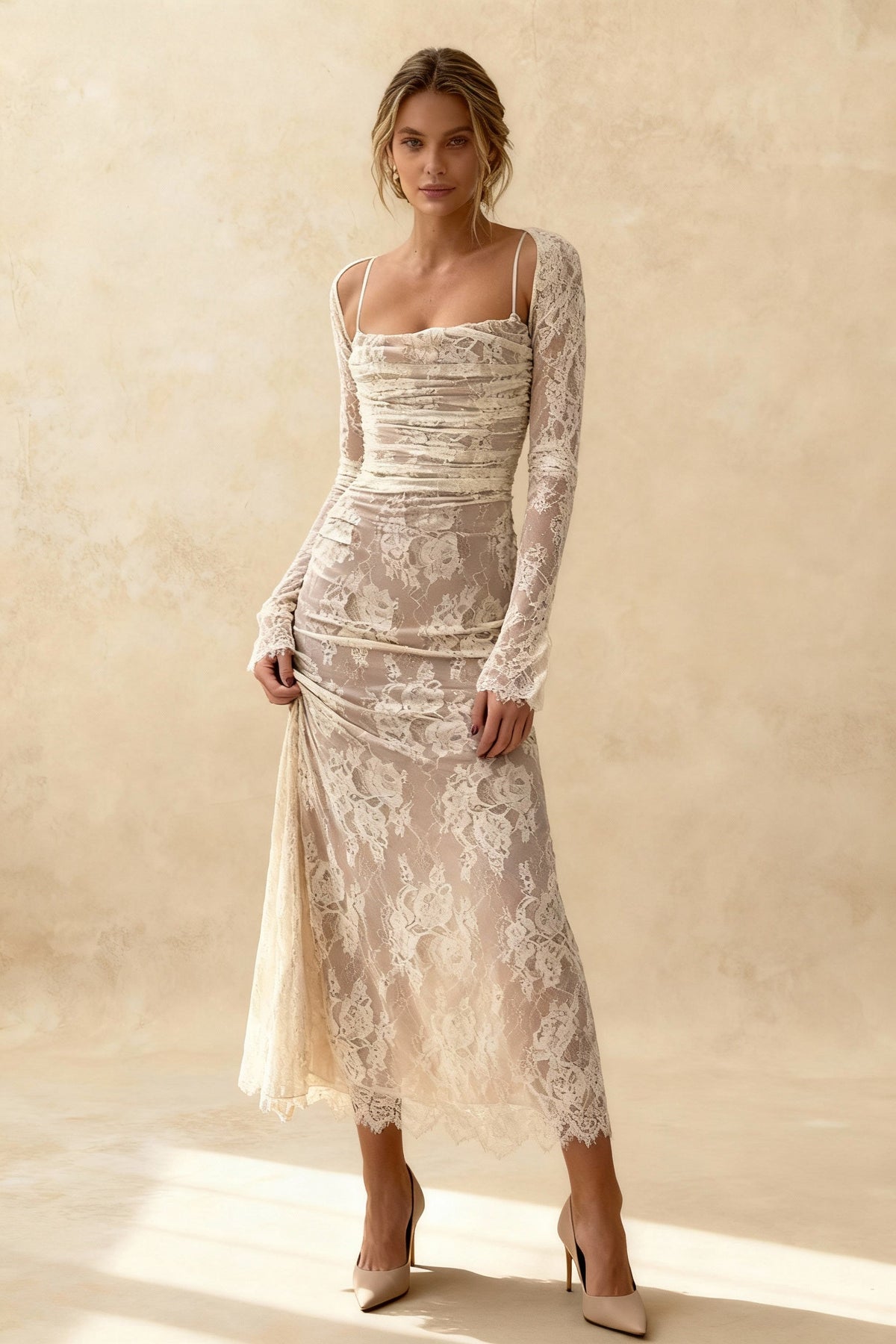 Elegant Lace Mesh Long Sleeve Lace Dress - View 2