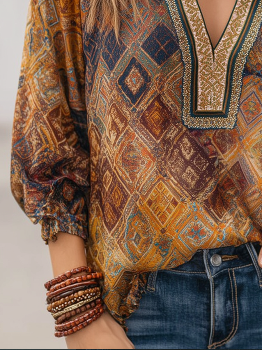 Retro Colorful Diamond Long-sleeved Blouse - Fashionpara