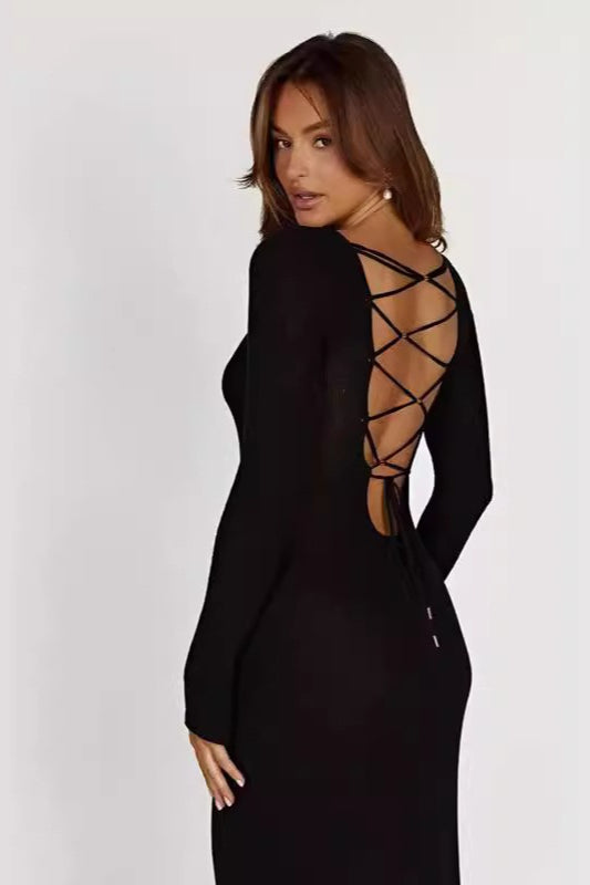 Knit Long Sleeve Lace-Up Back Bodycon Maxi Dress