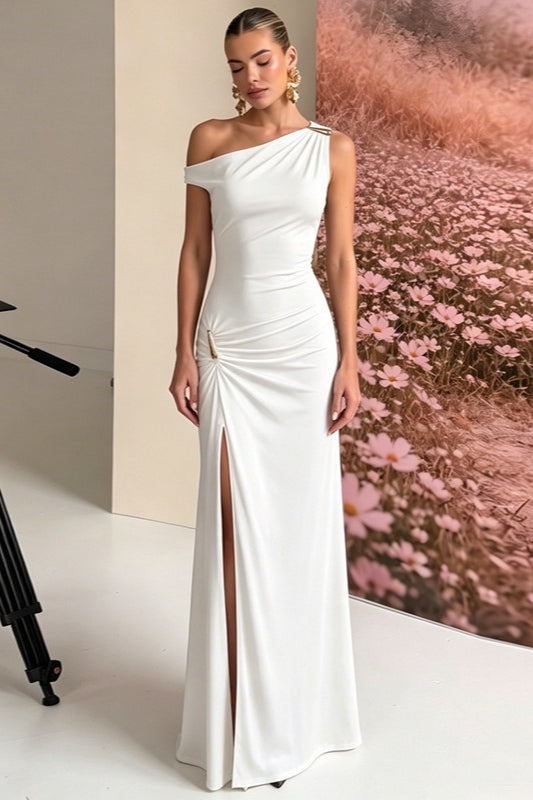 One-Shoulder Draped Ruched Column Maxi Gown