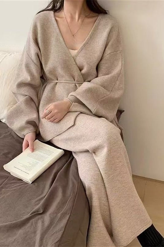 Chic PrincessAce Loose Belted Cardigan and Wide-Leg Pants Set