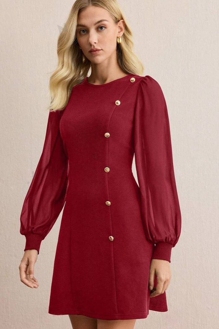 Crew Neck Button Mini Dress