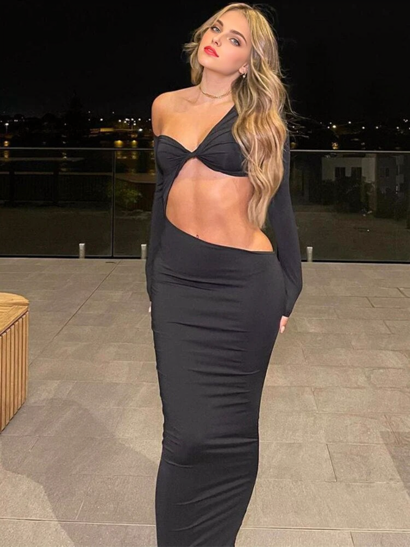One-Shoulder Long Sleeve Cutout Bodycon Maxi Dress