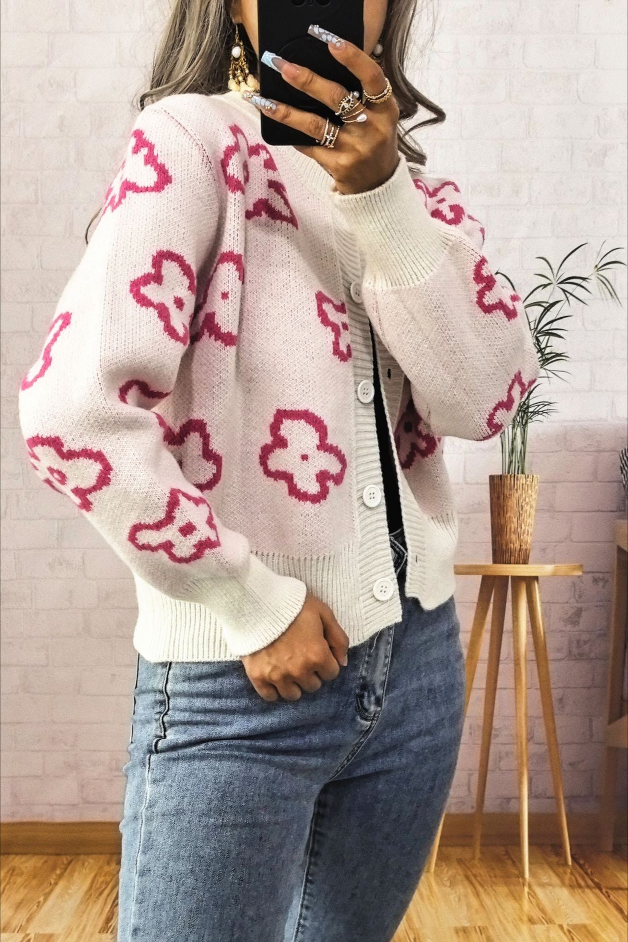 Floral Jacquard Knit Cardigan with Elegant Button Detail