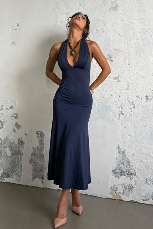 Halter Neck Plunge Ruched Mermaid Maxi Dress