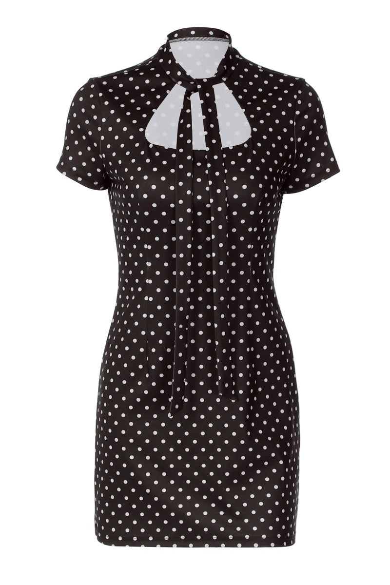 Polka Dot Square Neck Cap Sleeve Scarf Mini Dress