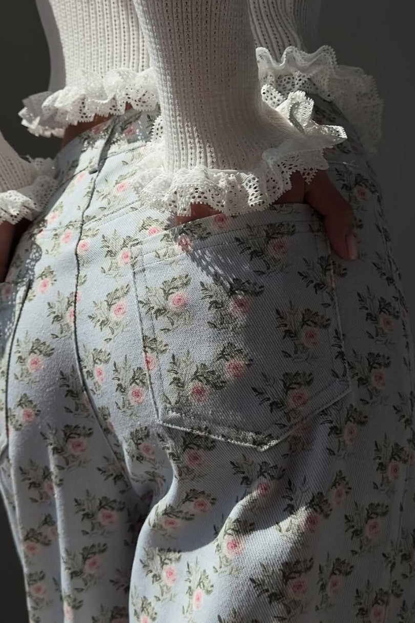 Light Blue Floral High Waist Wide Leg Jeans