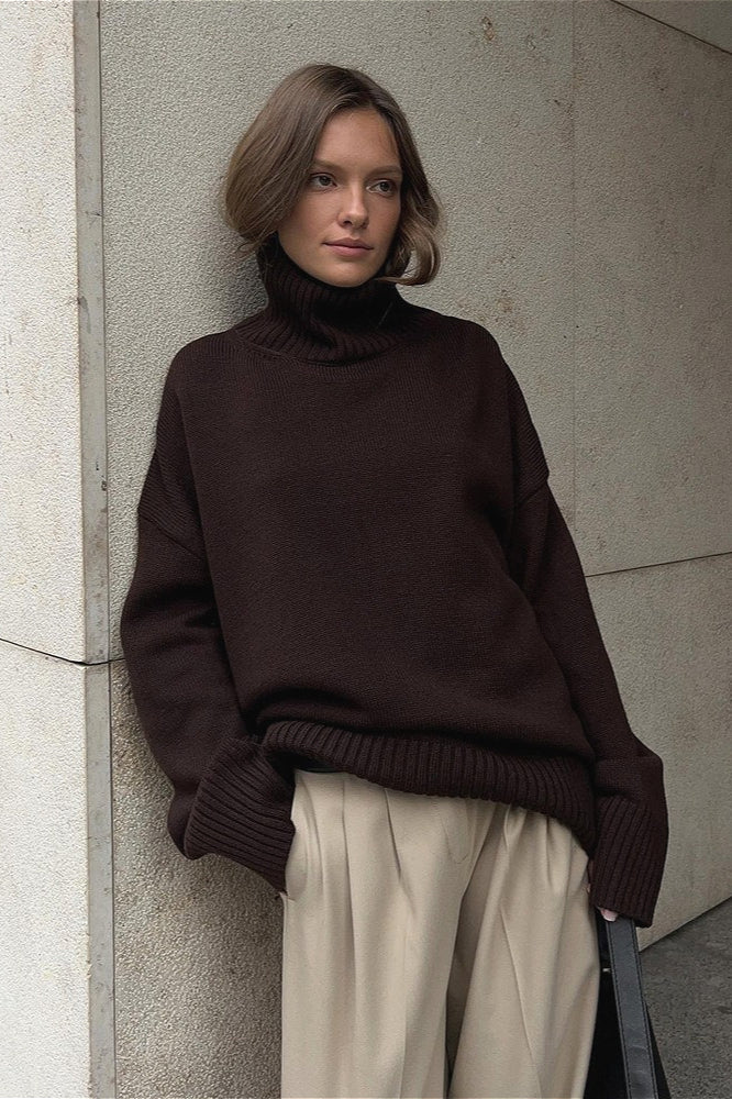Solid High Neck Slouchy Slim-Fit Knit Sweater