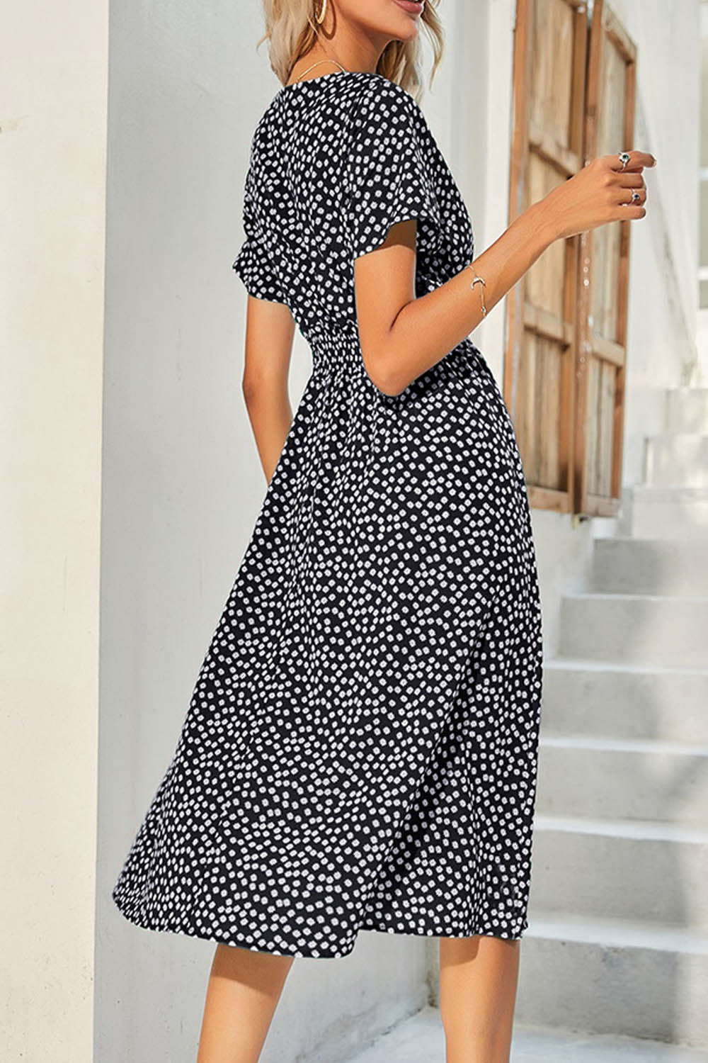 Polka Dot V Neck Short Sleeve Midi Dress - Fashionpara