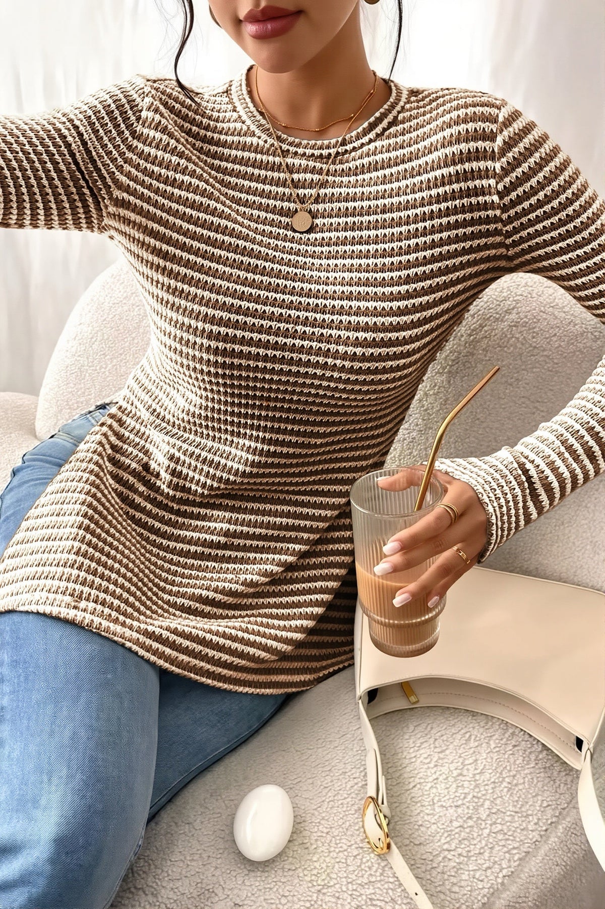 Textured Stripe Side Slit Long Sleeve T Shirt
