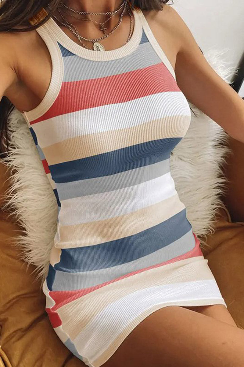 Striped Print Colorblock Contrast Binding Bodycon Dress - Fashionpara