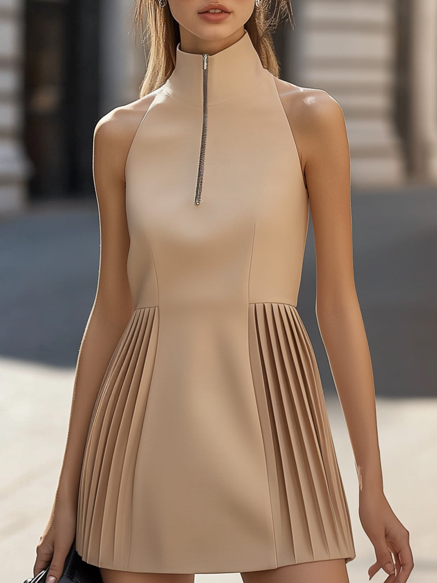 Chic Sleeveless Pleated Mini Dress With Zip Neck