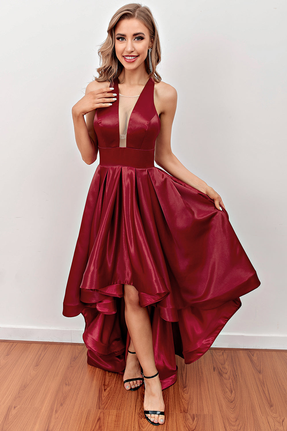 Burgundy High Low Prom Dress with Pockets - Fashionpara