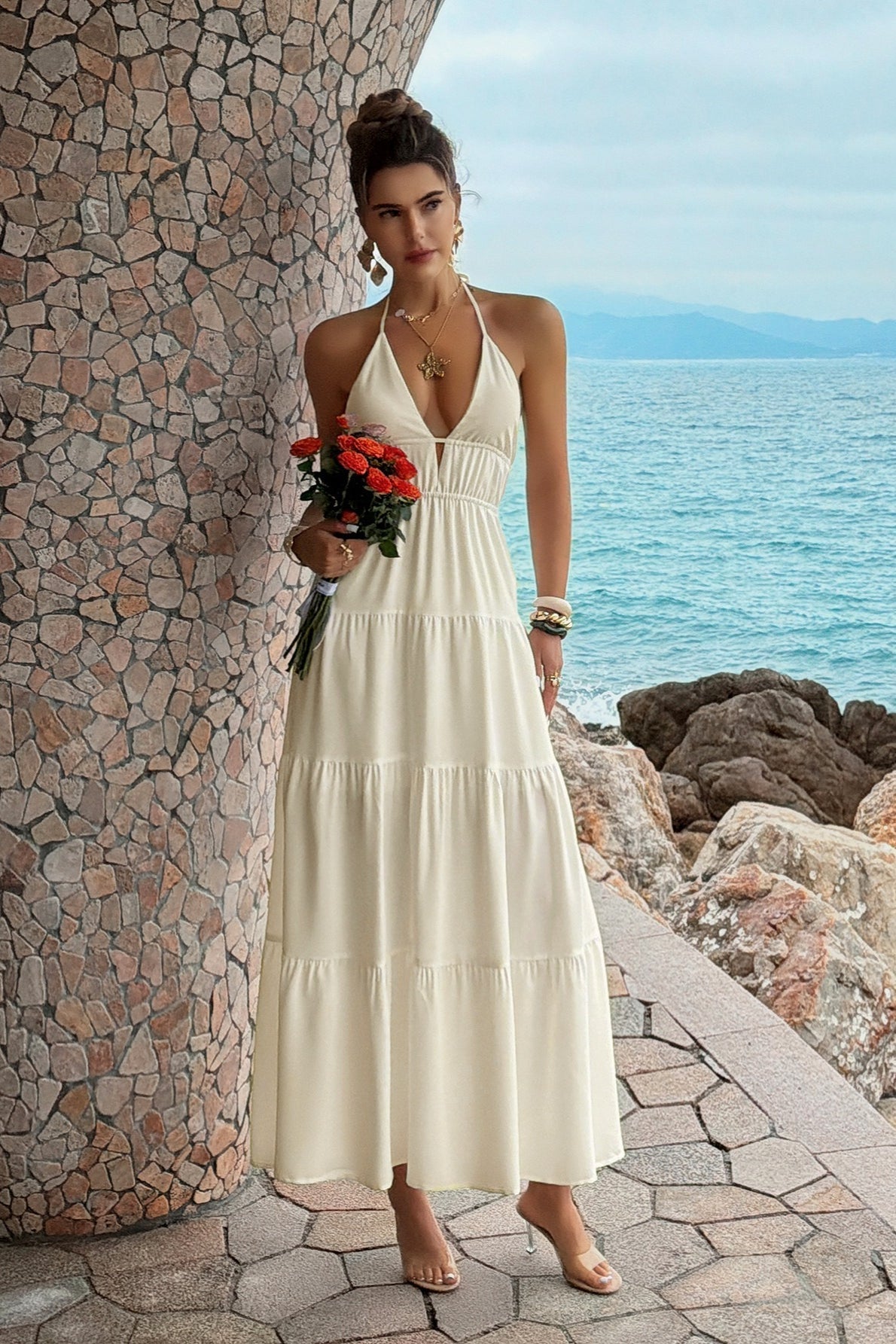 Halter Deep V-Neck Backless Tiered Maxi Dress 4