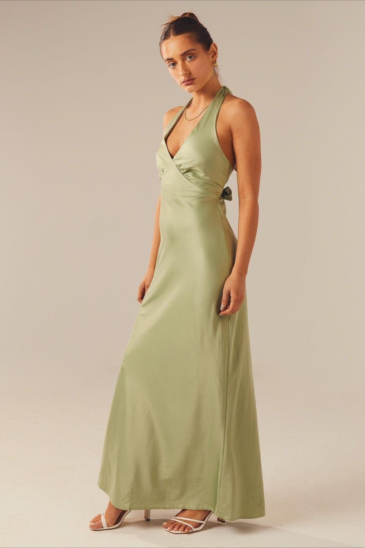 Satin Halter V-Neck Bias Cut Maxi Bridesmaid Gown