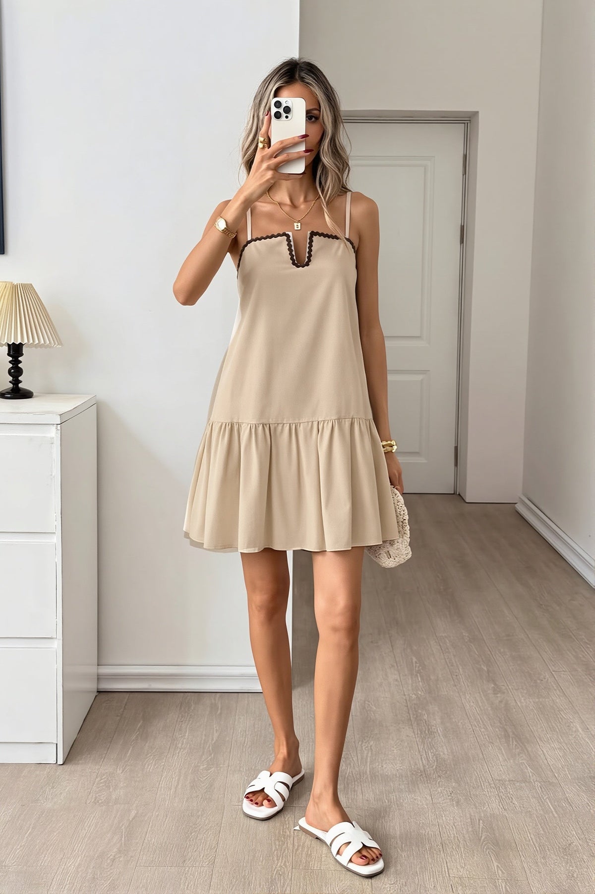 Notch Neck Ric Rac Trim Ruffle Hem Mini Dress 4