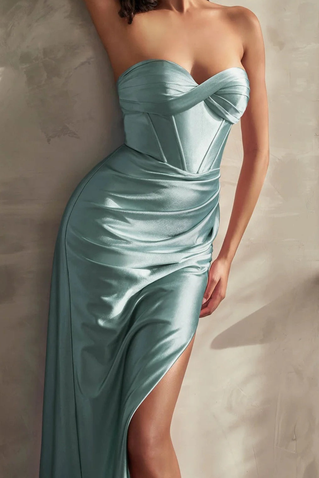 Satin Sweetheart Strapless Corset High-Slit Gown