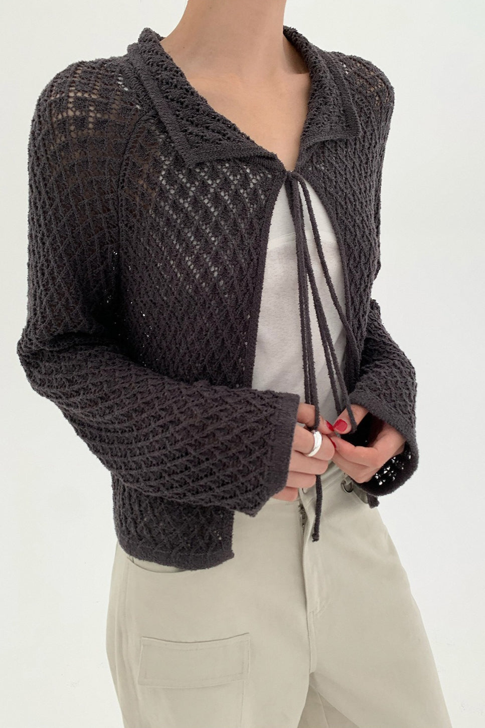 Hollow-Out Long Sleeve Tie-Waist Knit Cardigan for Style