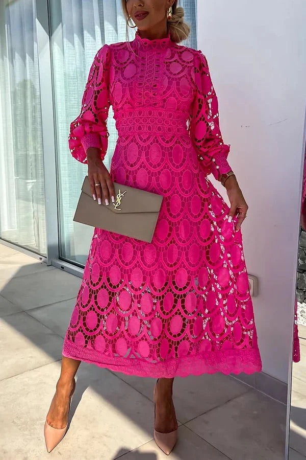 Francisca Crochet Lace Lantern Sleeve Midi Dress - View 3