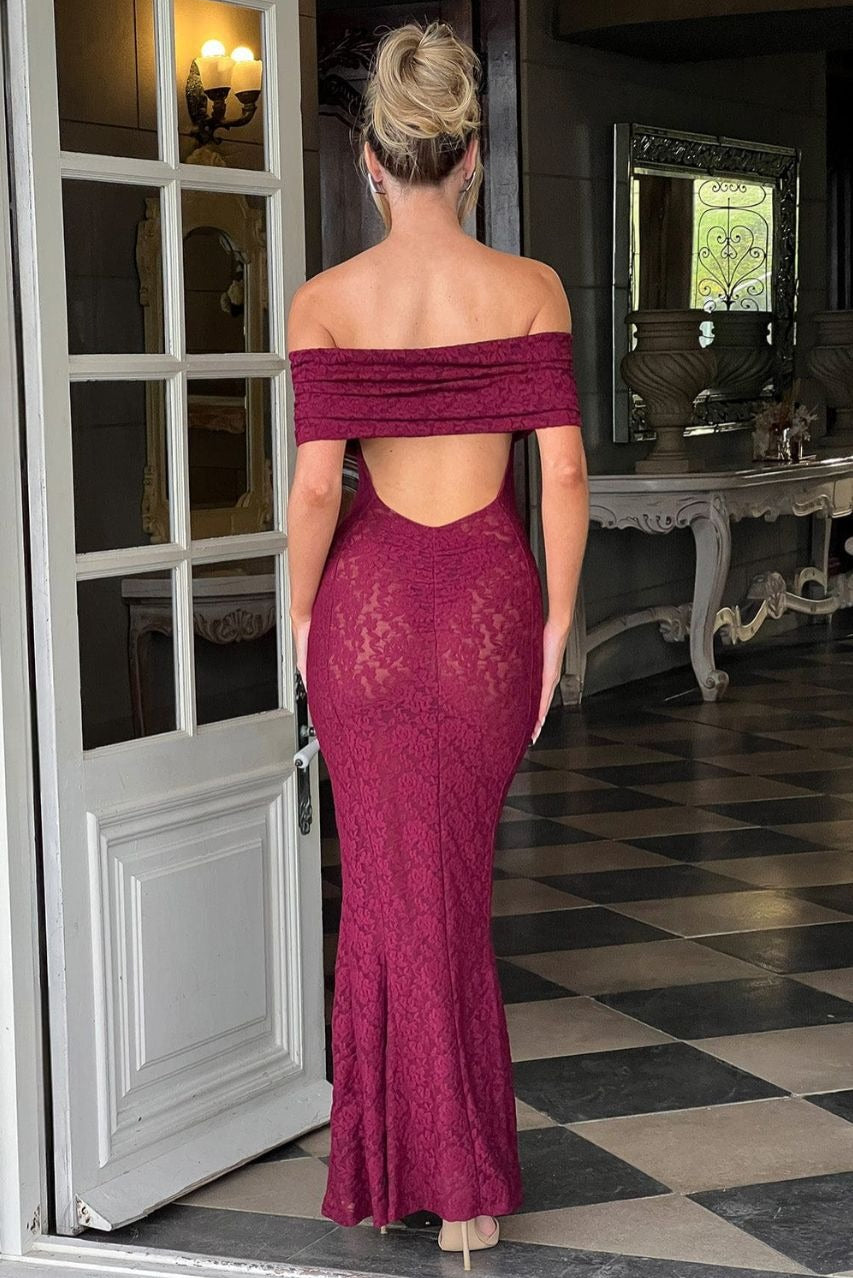 Sheer Floral Lace Off-Shoulder Mermaid Maxi Gown