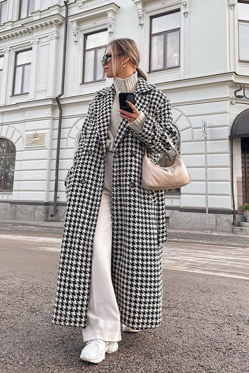 Houndstooth Long Chic Mature Overcoat - Fashionpara