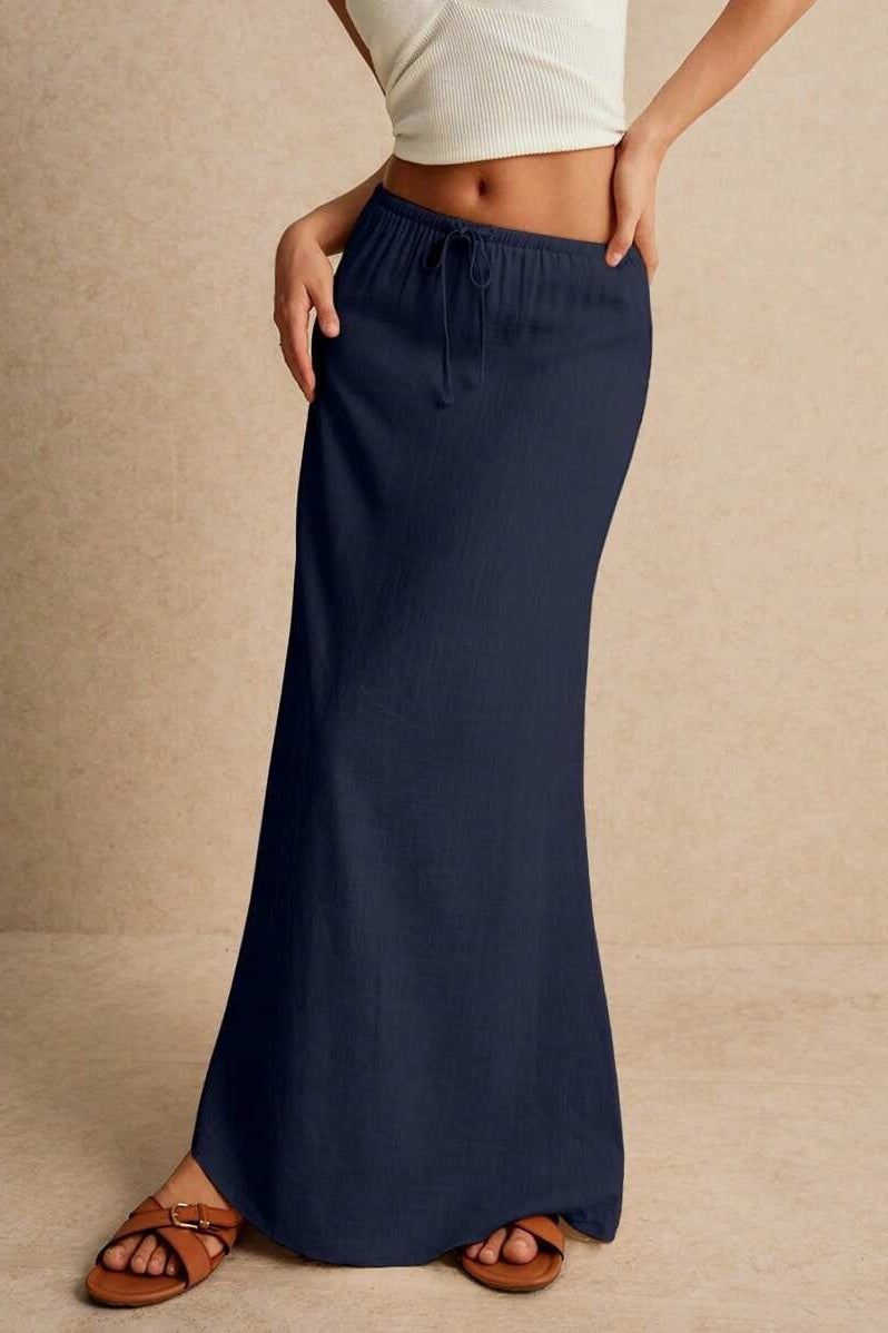 Solid Drawstring Maxi Skirt