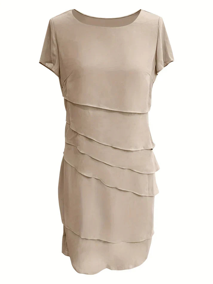 Cotton Layered Trim Round Neck Short Sleeve Midi Dress in Blue - View 6