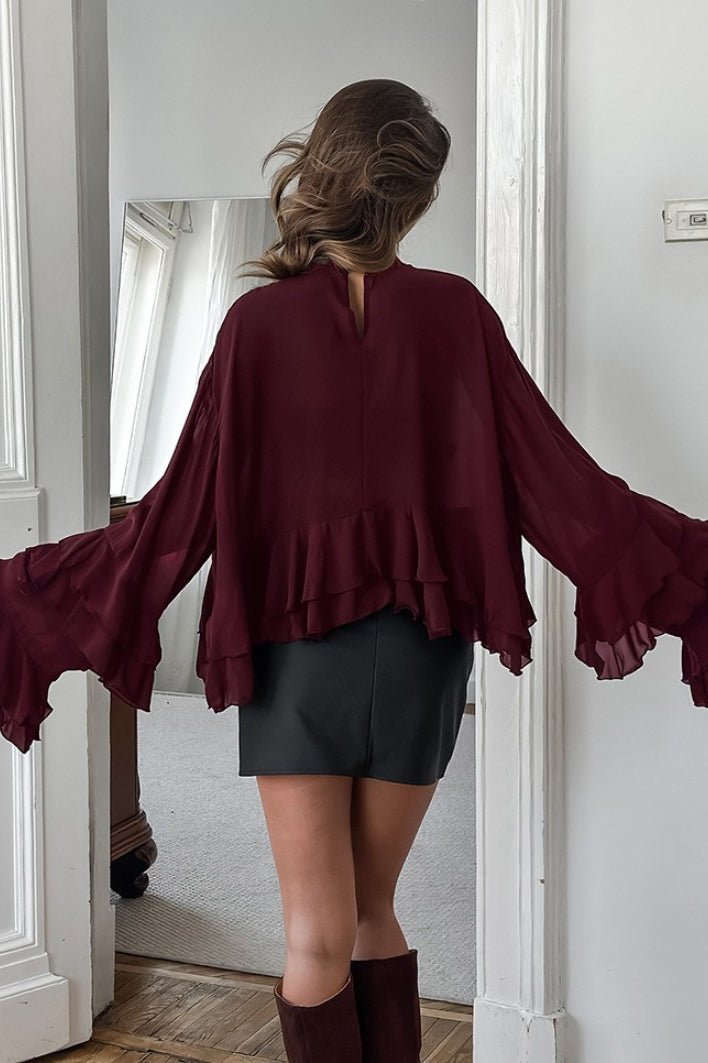 Brown Chiffon Ruffle Flare Blouse