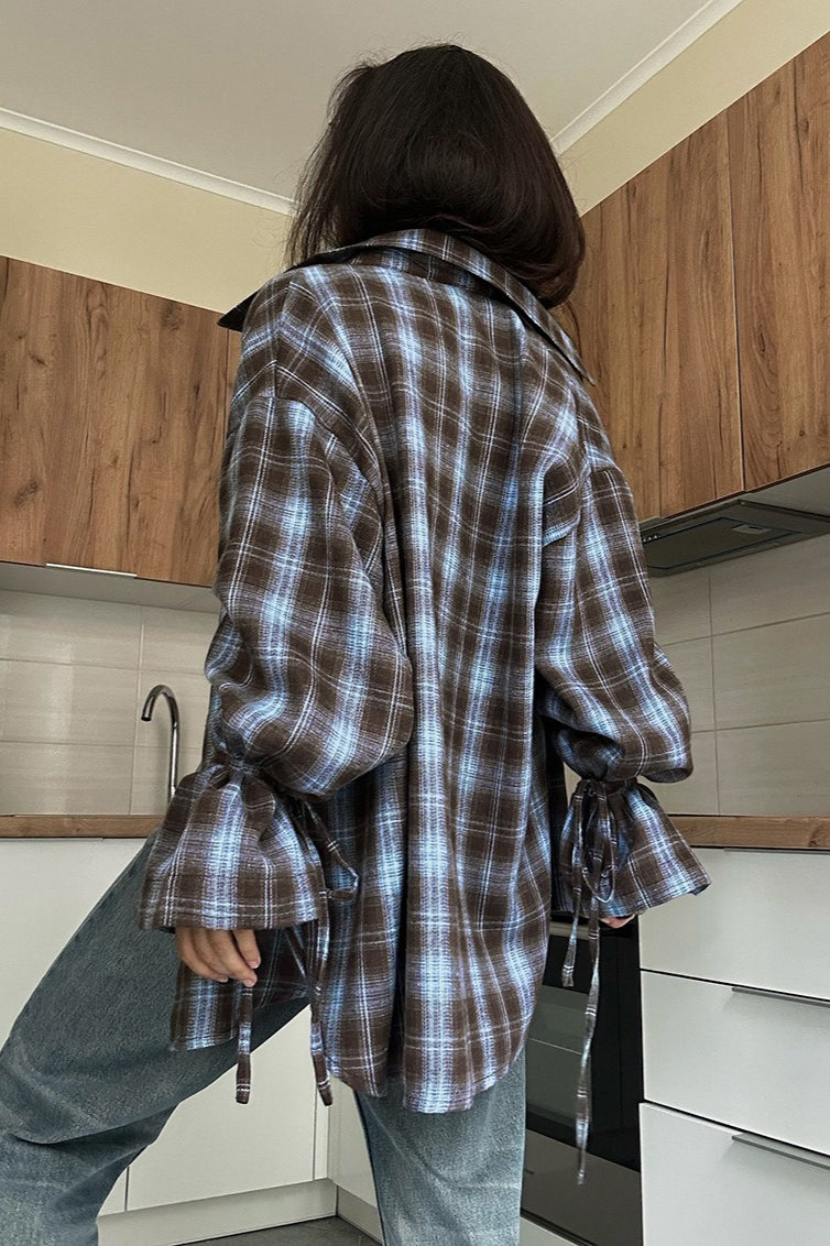 Plaid Tie Waist Long Sleeve Blouse