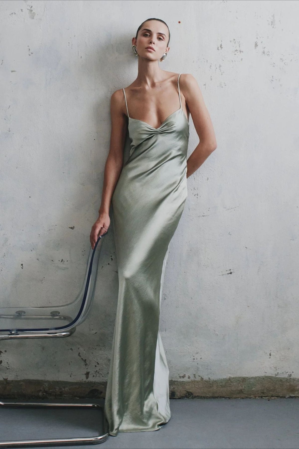 Satin Deep V-Neck Spaghetti Strap Ruched Bust Column Maxi Gown - View 5