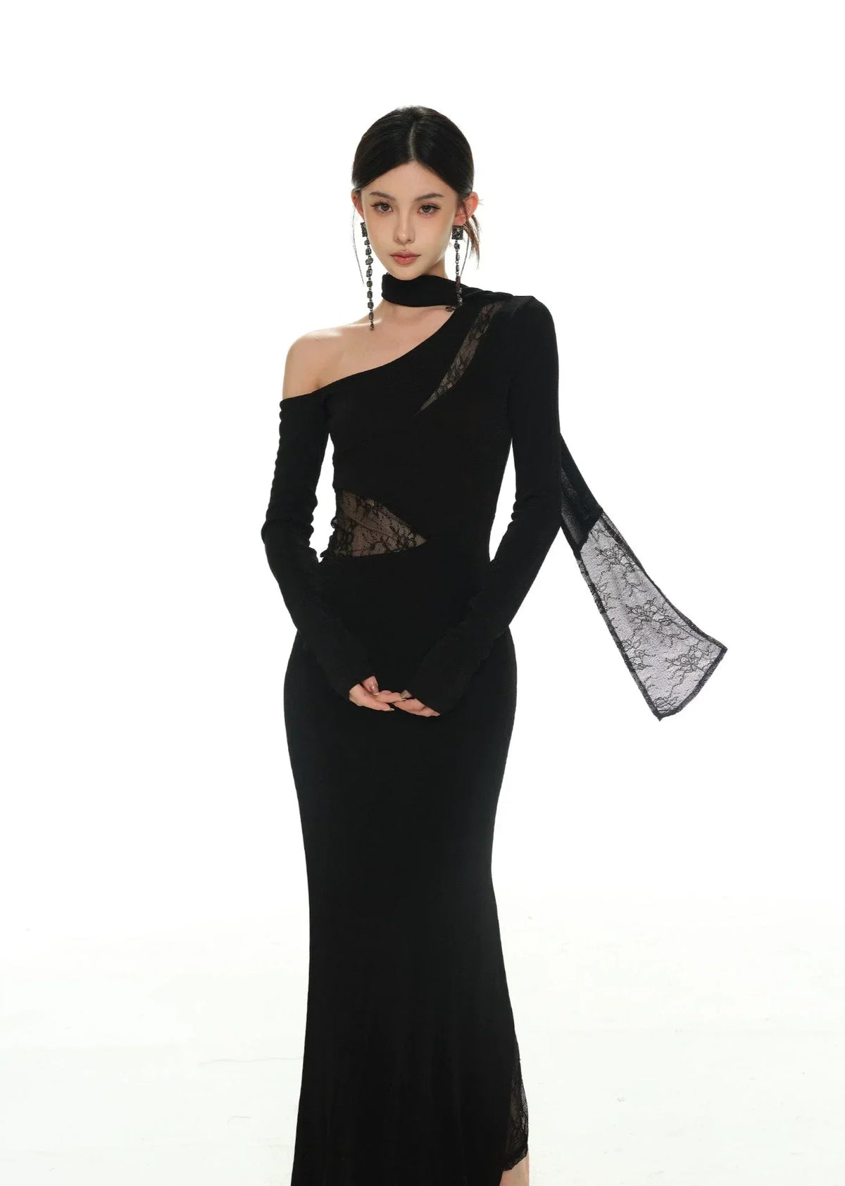 One-Shoulder Long Sleeve Lace Cut-Out Maxi Dress 12