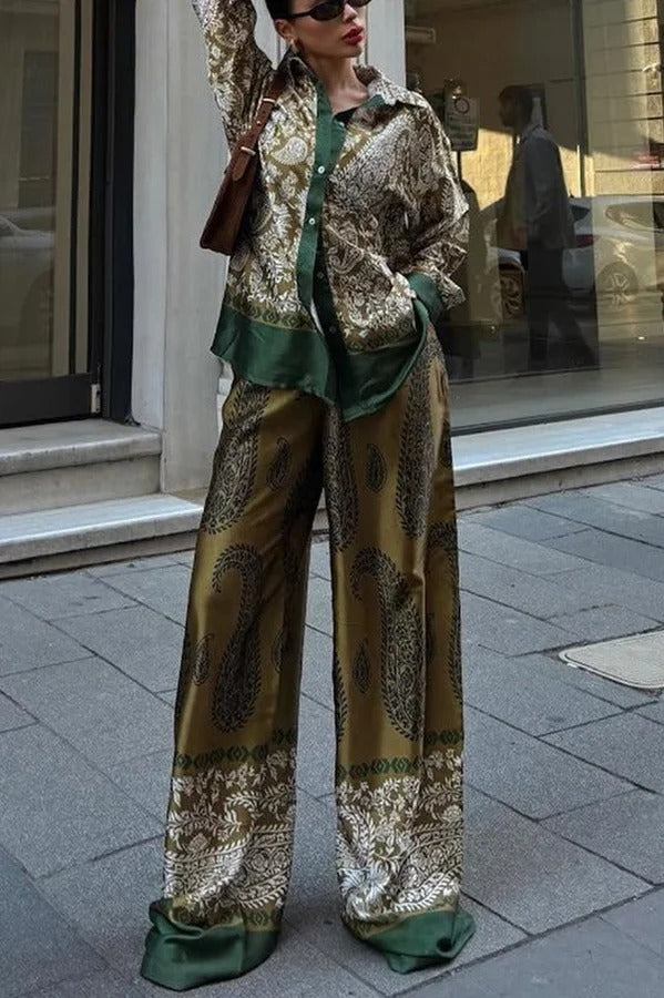 Naya Satin Contrast Color Paisley Long Sleeve Shirt and Elastic Waist Pocketed Pants Set - Fashionpara