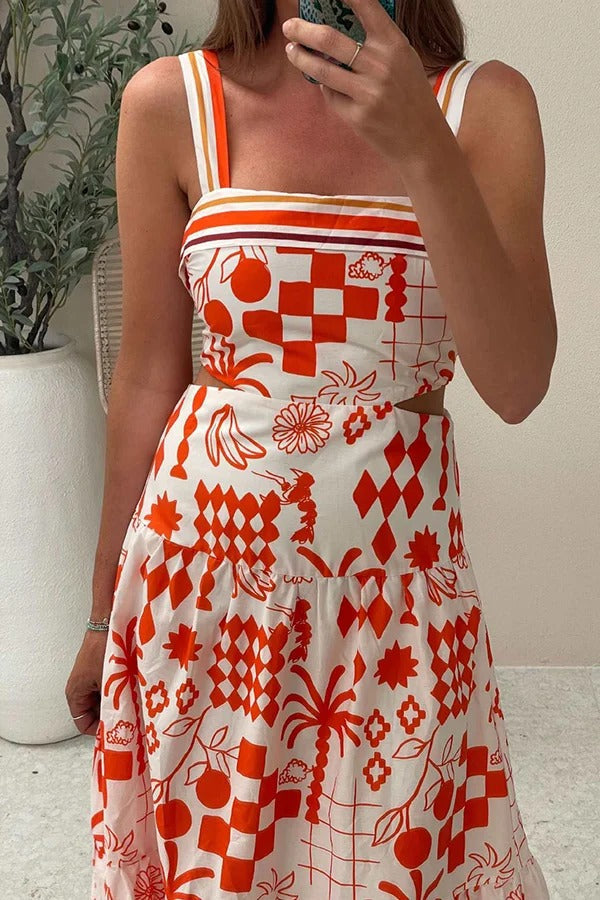 Unique Print Waist Cutout Back Gathered Suspender Maxi Dress - Fashionpara