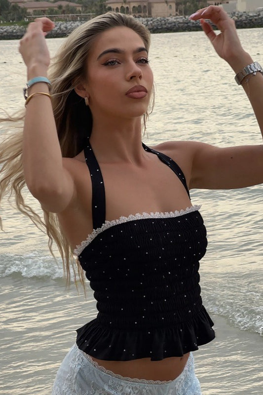 Polka Dot Ruffled Halter Tie Crop Top