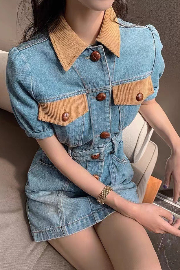 Color Block Waist Cinch Denim Dress