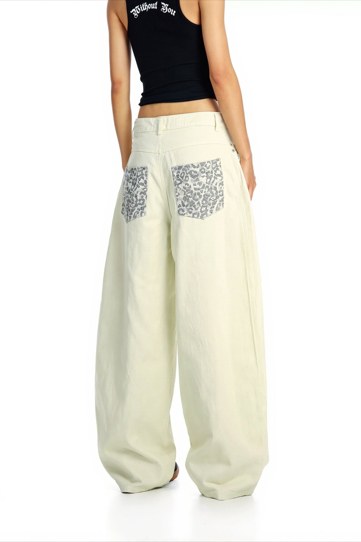 Leopard Panel Studded Barrel Leg Jeans
