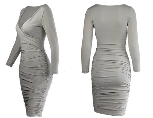 Deep V-Neck Long Sleeve Ruched Bodycon Midi Dress - View 11