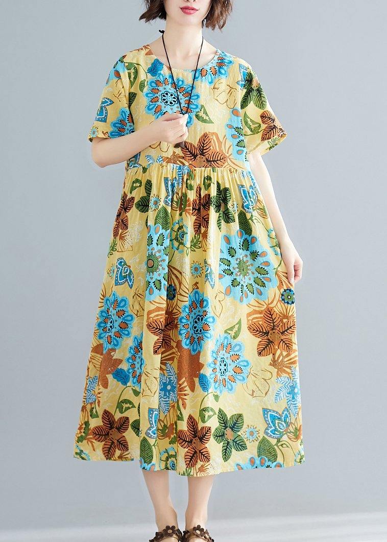 Floral Print Round Neck Short Sleeve Babydoll Gathered Midi Dress